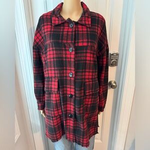 Great Altar’d State size S red black plaid button up midi jacket NWOT